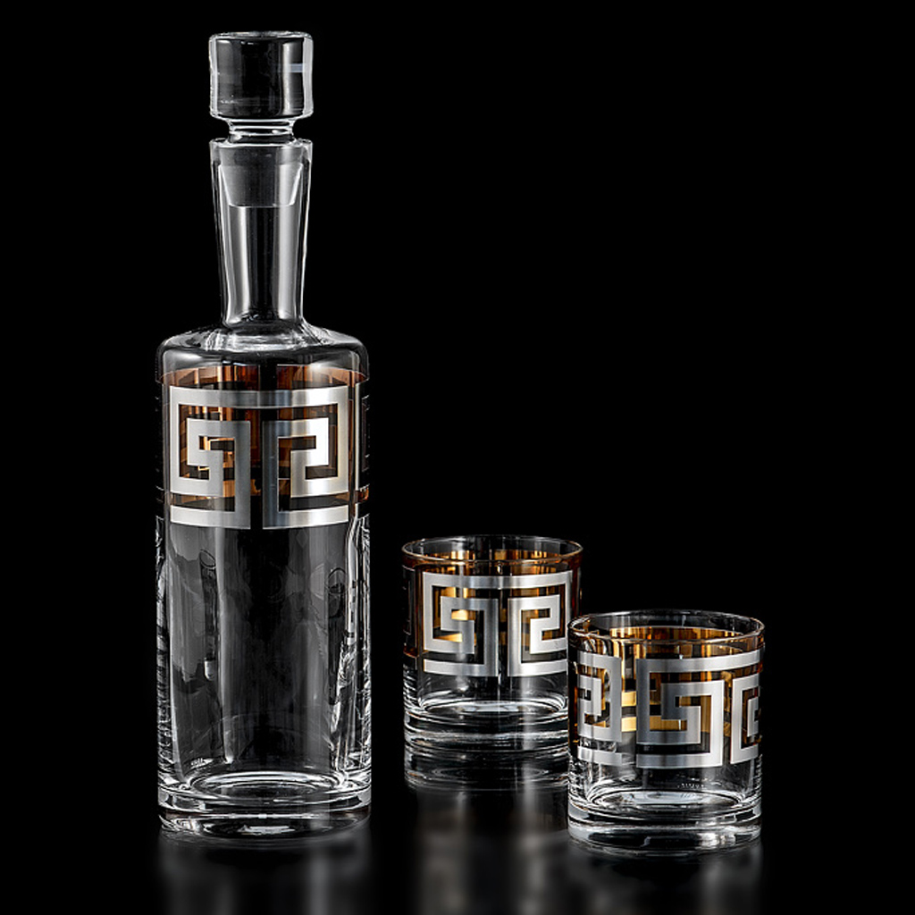 Meandro Silver - Gold Набор Графин и 2 стакана для виски (E5660010) Egizia - spb.v-b.ru