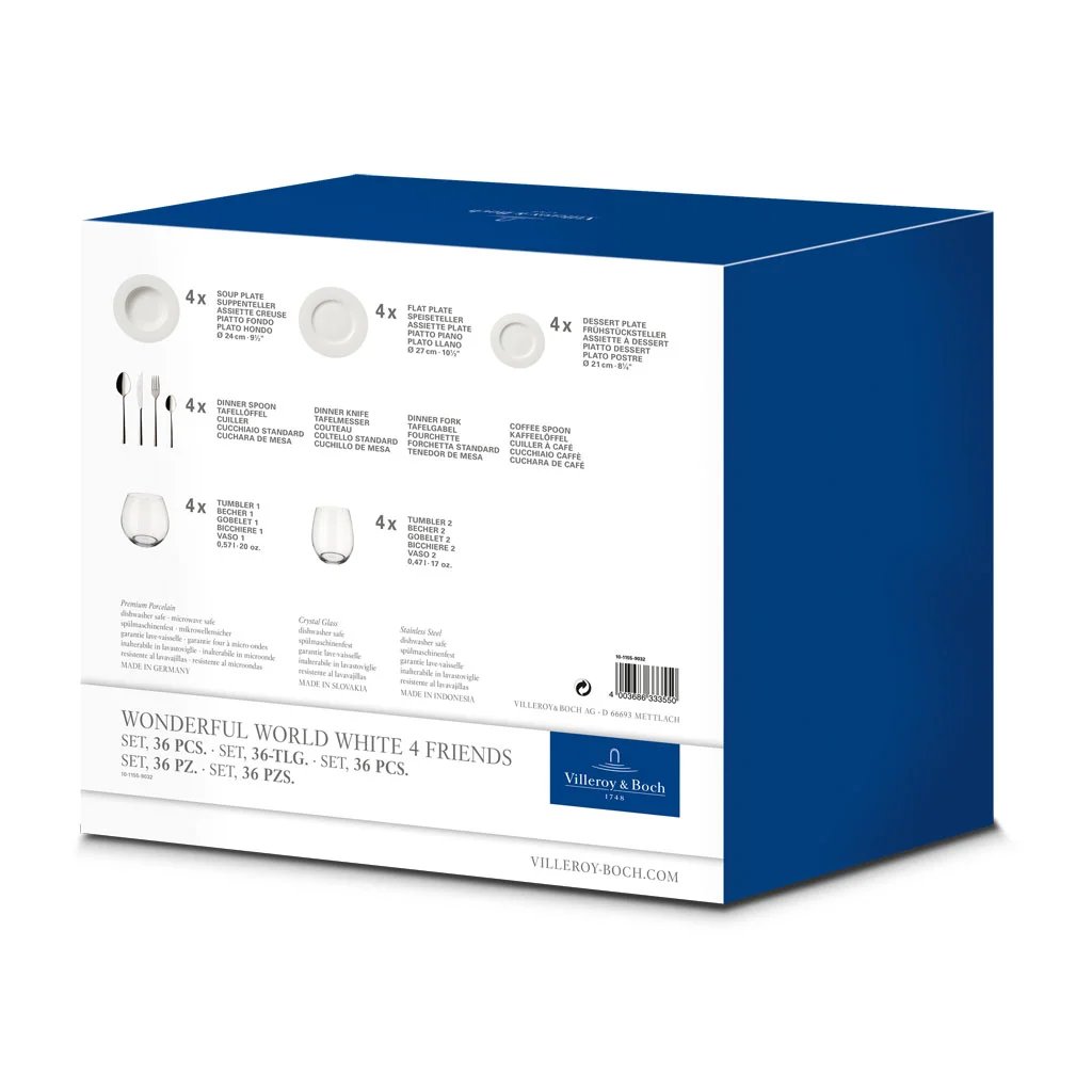 Wonderful World White Набор посуды на 4 персоны, 36 предметов Villeroy & Boch
https://spb.v-b.ru
г.Санкт-Петербург
eshop@v-b.spb.ru
+7(812)3801977